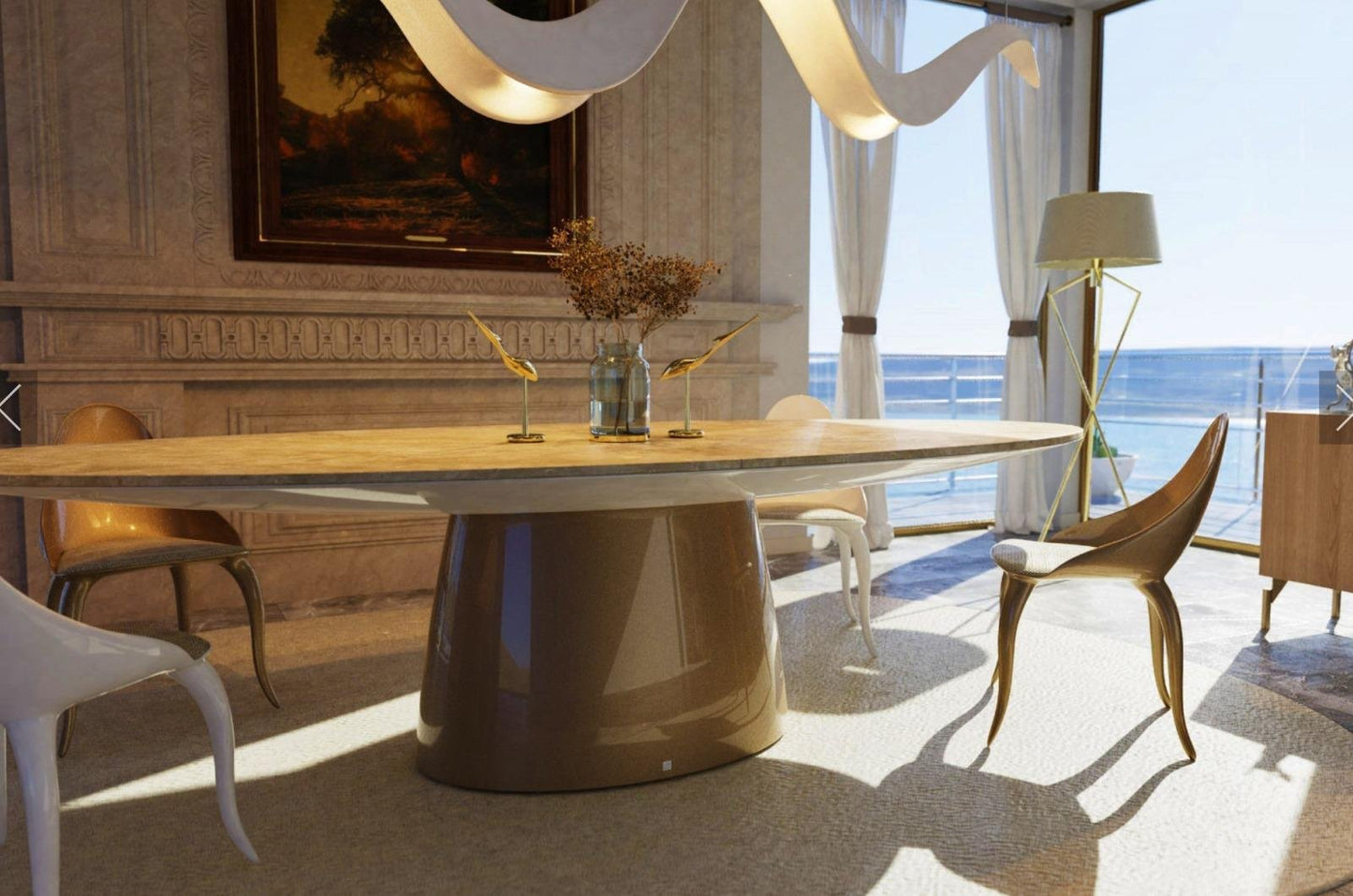 Dinner Table in Marble Top and Champagne Lacquering by Europa Antiques