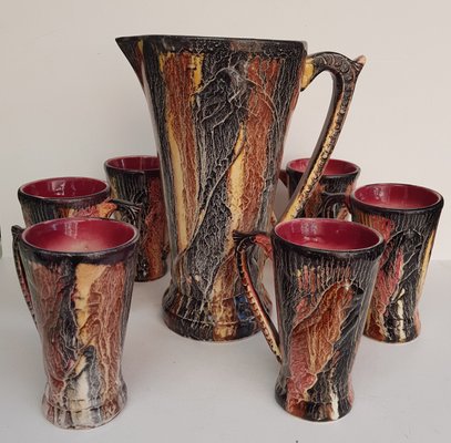 Dinosaur-Shaped Jug with Cups in Art Deco Shape and Colours, 1940s, Set of 7-QDP-665604