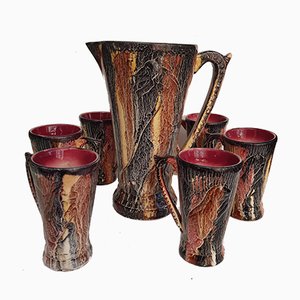 Dinosaur-Shaped Jug with Cups in Art Deco Shape and Colours, 1940s, Set of 7-QDP-665604