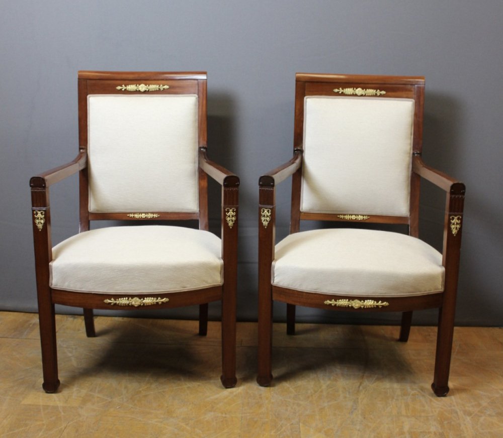 Directoire Armchairs in Mahogany and Bronze, 19th Century, Set of 2