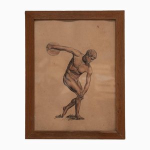 Discobolos, 1930s, Charcoal & Sanguine Drawing, Framed-QKG-1738411