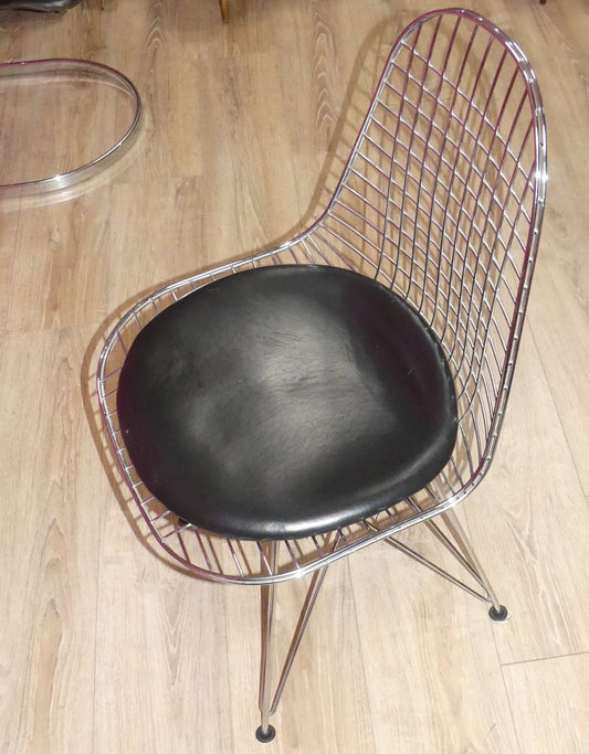 DKR Wire Chair with Real Leather Seat Cushion by Charles Eames for Vitra, 1960s