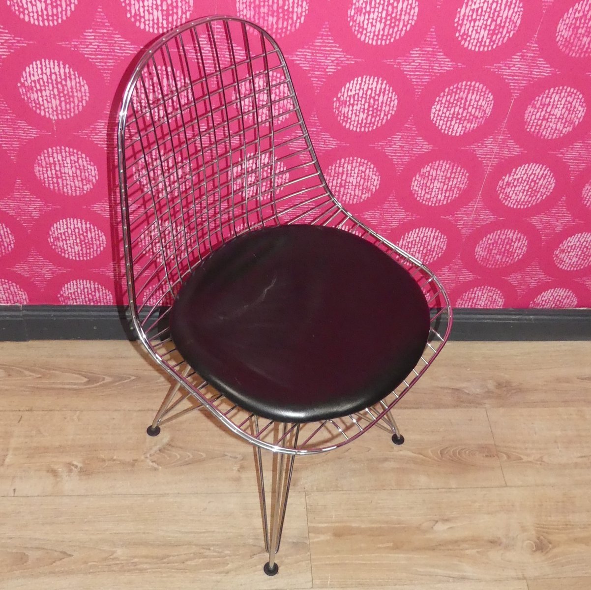 DKR Wire Chair with Real Leather Seat Cushion by Charles Eames for Vitra, 1960s