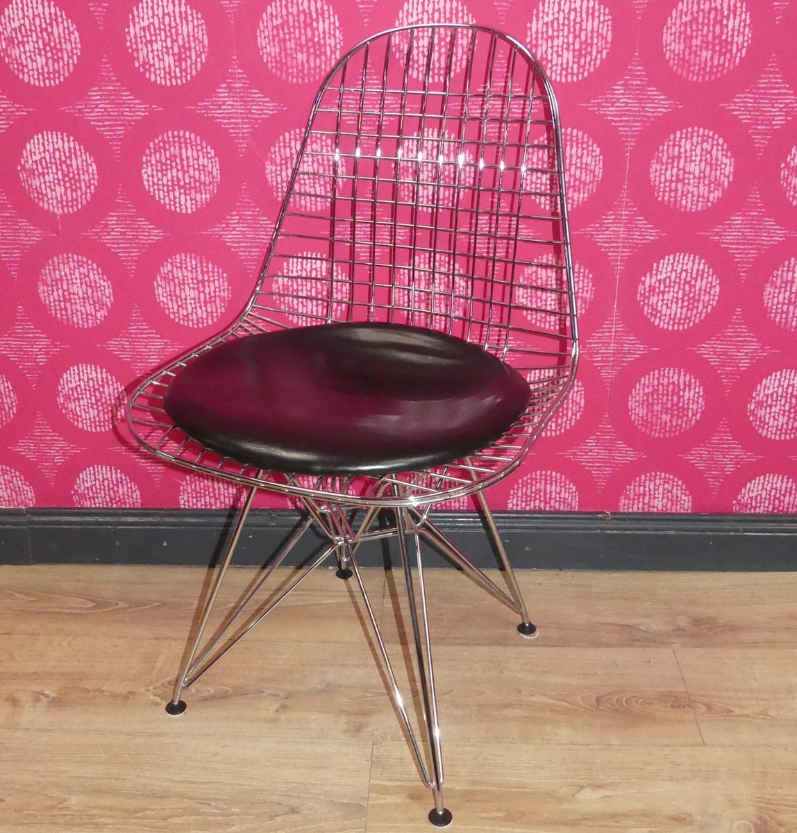 DKR Wire Chair with Real Leather Seat Cushion by Charles Eames for Vitra, 1960s