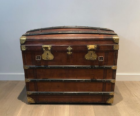 Domed Travel Trunk in Leather, Wood and Brass, 1890s-BA-2020892