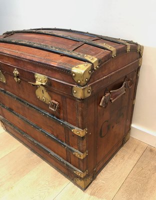 Domed Travel Trunk in Leather, Wood and Brass, 1890s-BA-2020892