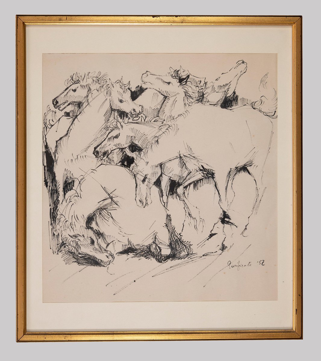 Domenico Purificato, Horses, Original Drawing, 1952