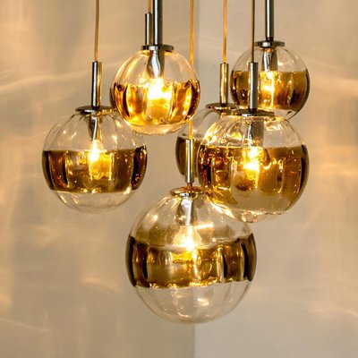 Doria Seven Globes Brown Clear Glass Chrome Pendant Light, 1960s-VDW-1732367