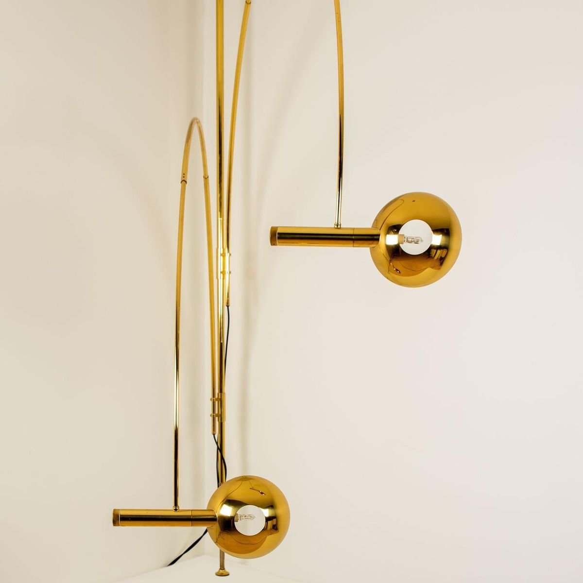 Double Ball Brass Arc Floor Lamp with Adjustable Height by Florian Schulz, 1970