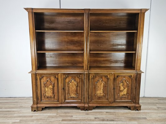 Double Body Bookcase in Walnut and Walnut Root with Shelves and Worked Doors, 1980s-ZUW-2019880