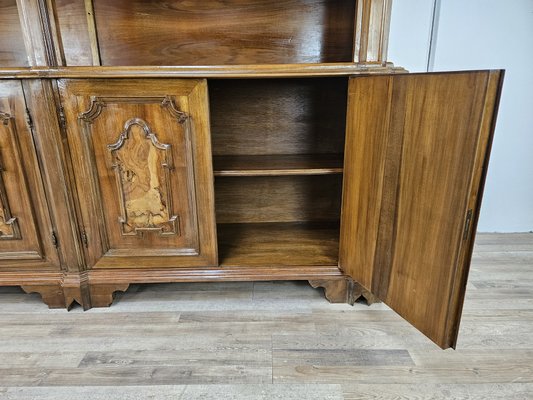 Double Body Bookcase in Walnut and Walnut Root with Shelves and Worked Doors, 1980s-ZUW-2019880