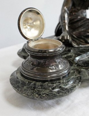 Double Inkwell in Silver-Plated Bronze & Sea Green Marble, 1900s-RVK-1021596