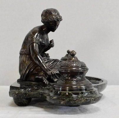 Double Inkwell in Silver-Plated Bronze & Sea Green Marble, 1900s-RVK-1021596