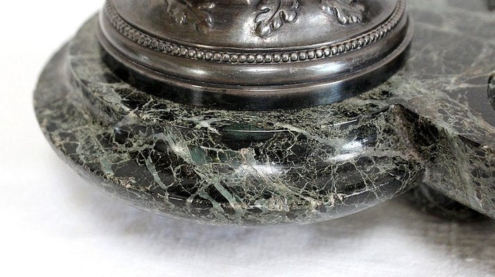 Double Inkwell in Silver-Plated Bronze & Sea Green Marble, 1900s-RVK-1021596