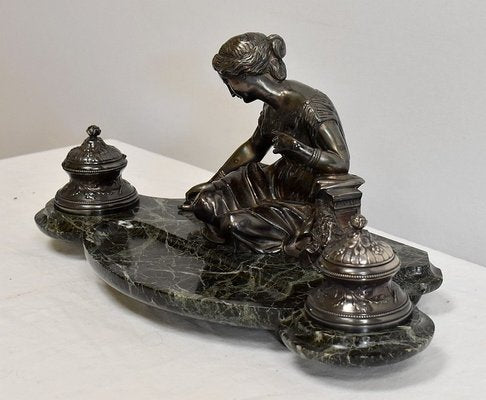 Double Inkwell in Silver-Plated Bronze & Sea Green Marble, 1900s-RVK-1021596