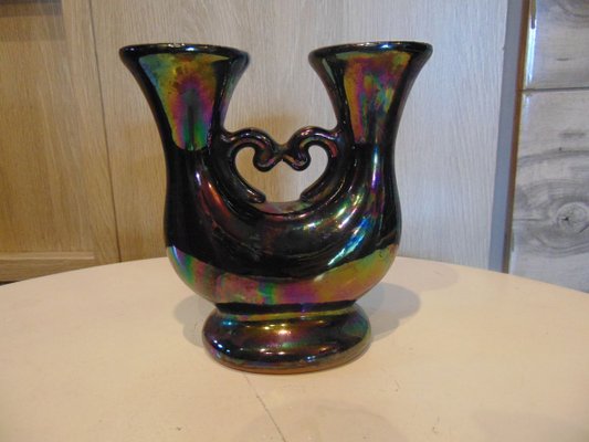 Double Iridescent Faience Candle Holder, 1970s-CAQ-753623