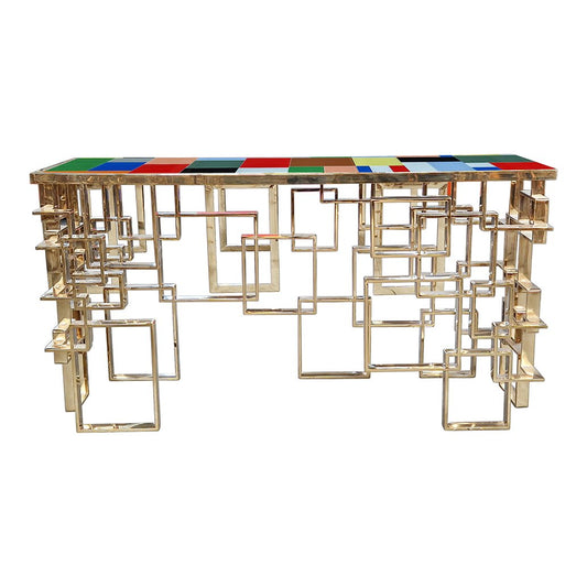 Double-Sided Console in Chrome-Gold Steel and Multicolored Murano Glass Top, 1980s