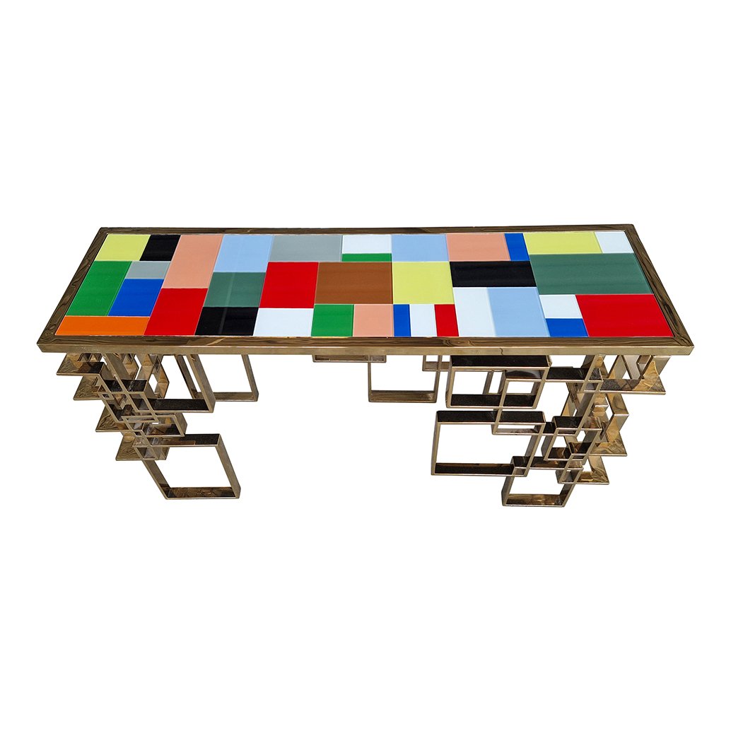 Double-Sided Console in Chrome-Gold Steel and Multicolored Murano Glass Top, 1980s