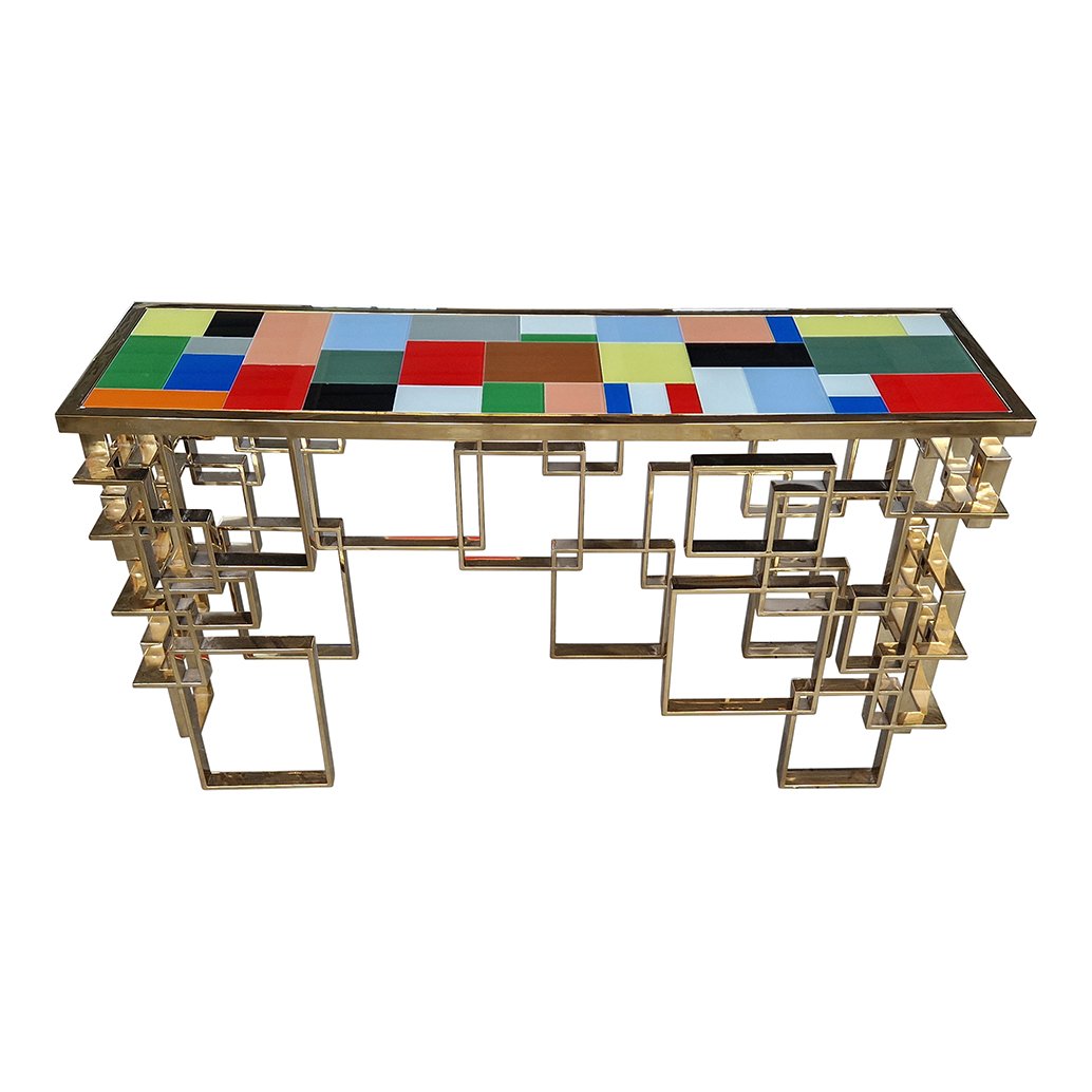 Double-Sided Console in Chrome-Gold Steel and Multicolored Murano Glass Top, 1980s