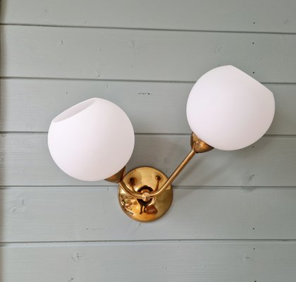 Double Wall Light in Brass and White Satin Glass, 1950s-FAX-2015998