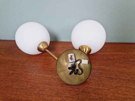 Double Wall Light in Brass and White Satin Glass, 1950s-FAX-2015998