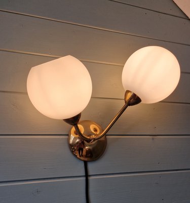 Double Wall Light in Brass and White Satin Glass, 1950s-FAX-2015998