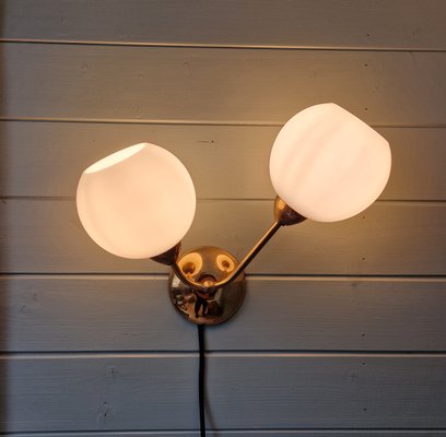 Double Wall Light in Brass and White Satin Glass, 1950s-FAX-2015998