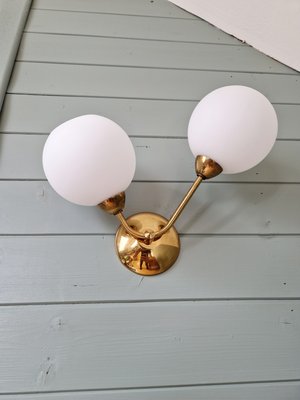 Double Wall Light in Brass and White Satin Glass, 1950s-FAX-2015998