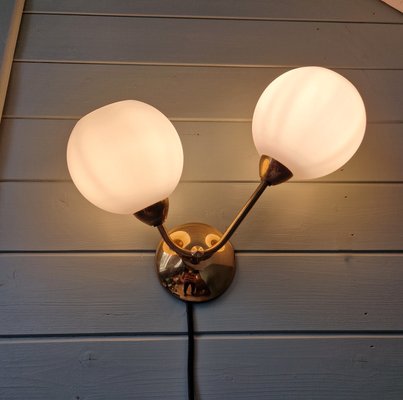 Double Wall Light in Brass and White Satin Glass, 1950s-FAX-2015998