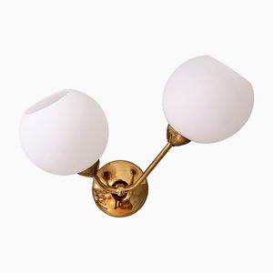 Double Wall Light in Brass and White Satin Glass, 1950s-FAX-2015998