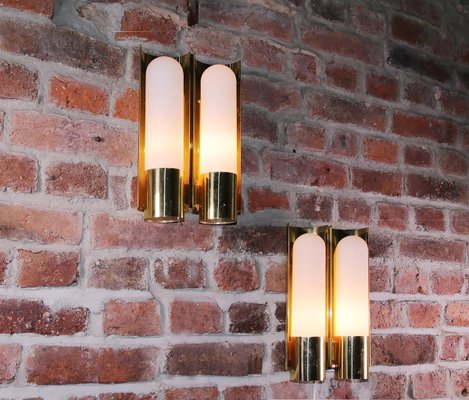 Double Wall Lights in Opaline Glass & Brass, 1970s, Germany, Set of 2-DEK-932557