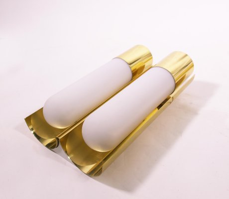 Double Wall Lights in Opaline Glass & Brass, 1970s, Germany, Set of 2-DEK-932557