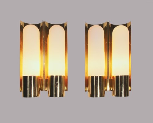 Double Wall Lights in Opaline Glass & Brass, 1970s, Germany, Set of 2-DEK-932557