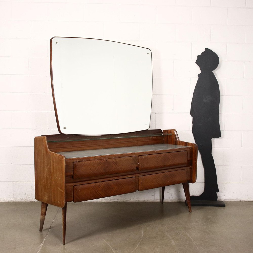 Dresser in Veneered Wood with Mirror, Italy, Mid-20th Century