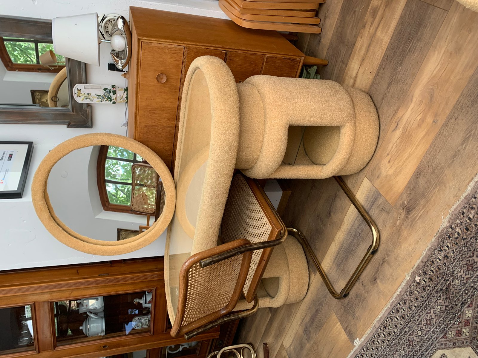 Dressing Table from Kecskemét Furniture Sales Company with Bauhaus Brass Chairs, 1975, Set of 3