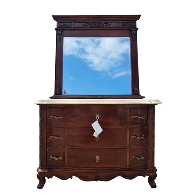 Dressing Table in Mahogany with Marble Countertop with Mirror, Set of 2-TCS-1750418