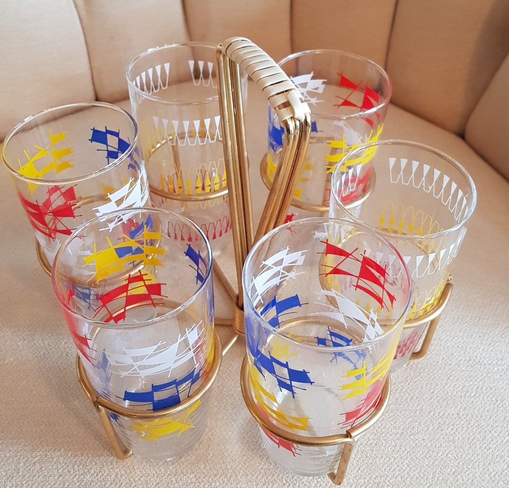 Drinking Glass Set in Brass Holder, 1950s, Set of 7