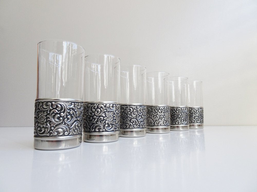 Drinking Glasses with Floral Metal Frame, 1960s, Set of 6