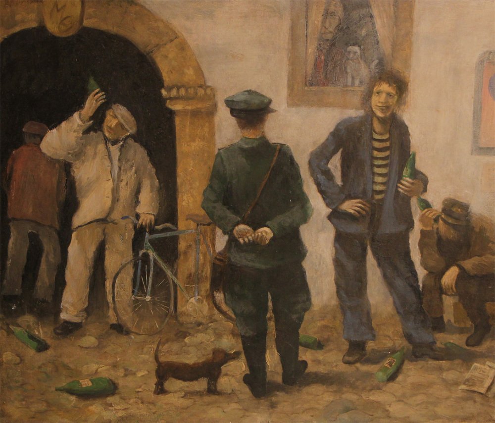 Drinking Men, 1970, Oil on Board, Framed