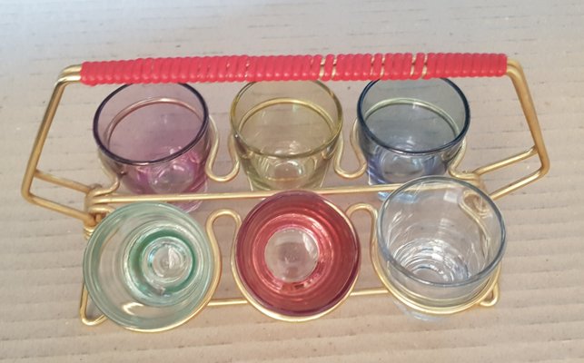 Drinking Shot Glass Set with Metal Holder, 1950s-QDP-1140415