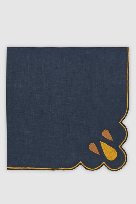 DROPS Navy/Mustard Embroidered Linen Napkin from Los Encajeros