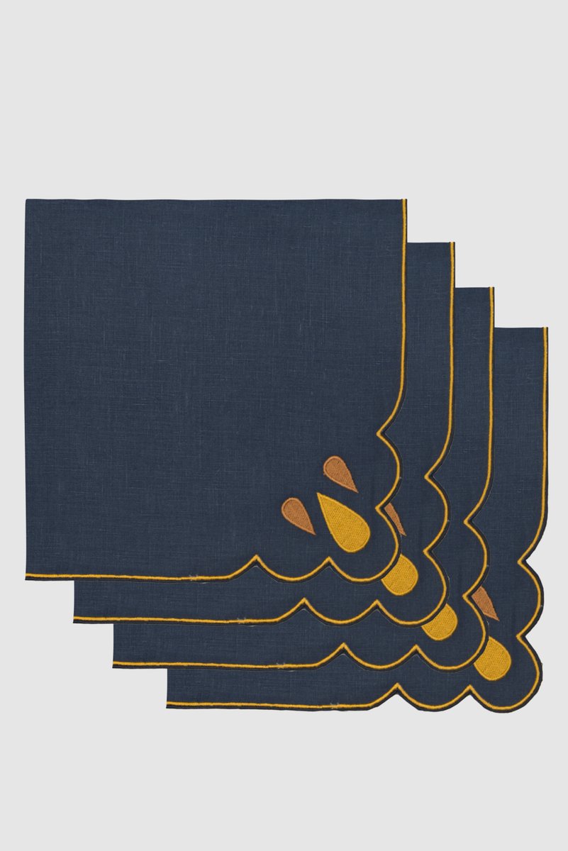 DROPS Navy/Mustard Embroidered Linen Napkin from Los Encajeros