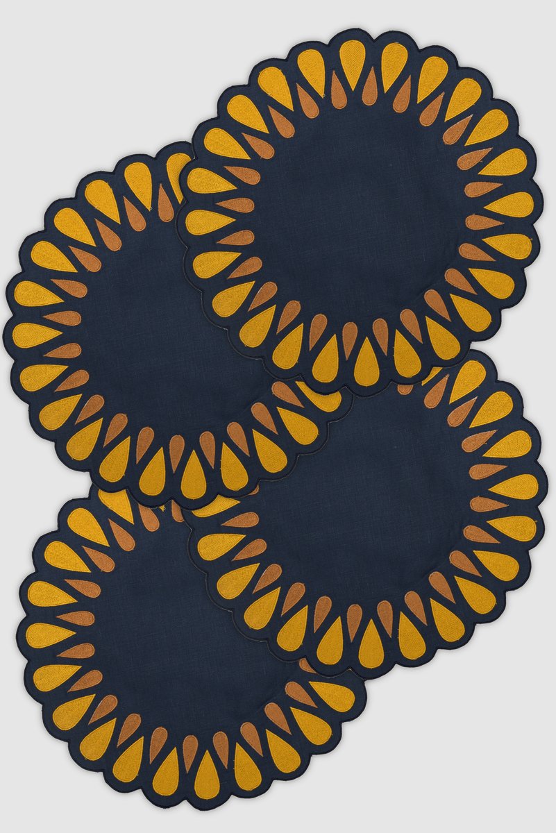 DROPS Off Navy/Mustard Embroidered Linen Placemat from Los Encajeros