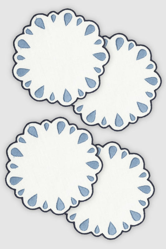 Drops White/Navy Embroidered Linen Coasters by Los Encajeros, Set of 4