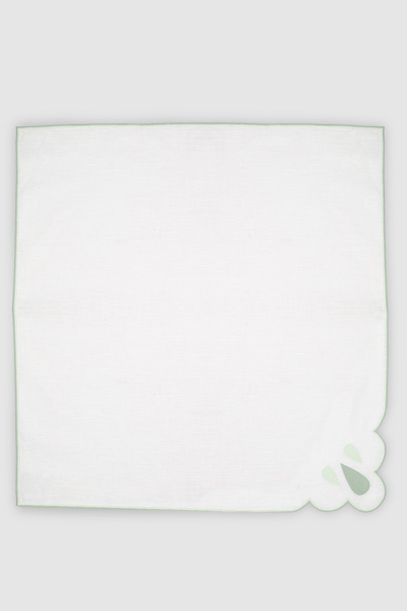 DROPS White/Reseda Embroidered Linen Napkin from Los Encajeros