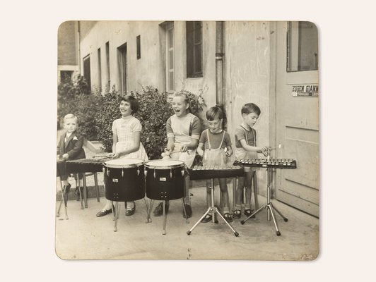 Drumming Kids, Black & White Photograph on Wooden Board, 1940s-GPP-1047677