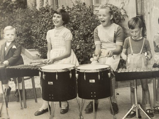 Drumming Kids, Black & White Photograph on Wooden Board, 1940s-GPP-1047677