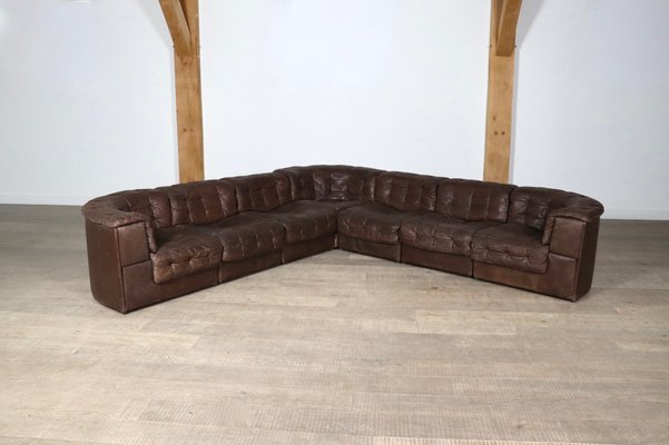 Ds-11 Modular Sofa Sectionals in Brown Patchwork Leather from De Sede, Switzerland, 1969, Set of 7-ZZP-1758688