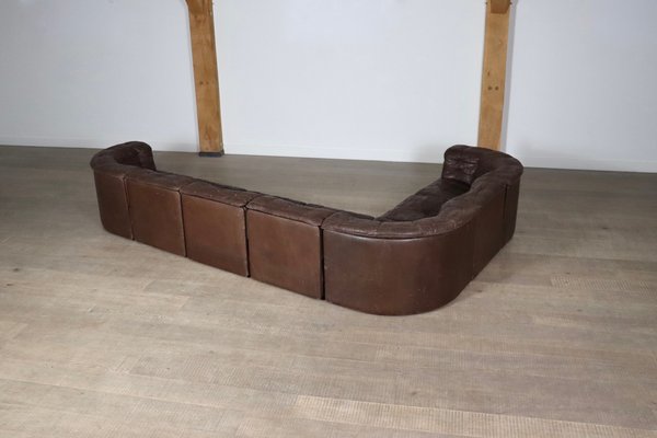 Ds-11 Modular Sofa Sectionals in Brown Patchwork Leather from De Sede, Switzerland, 1969, Set of 7-ZZP-1758688