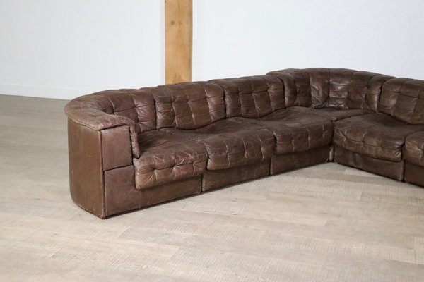 Ds-11 Modular Sofa Sectionals in Brown Patchwork Leather from De Sede, Switzerland, 1969, Set of 7-ZZP-1758688